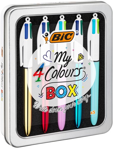 Balpen Bic 4kleuren My Bic in blik M assorti 5 Stuk